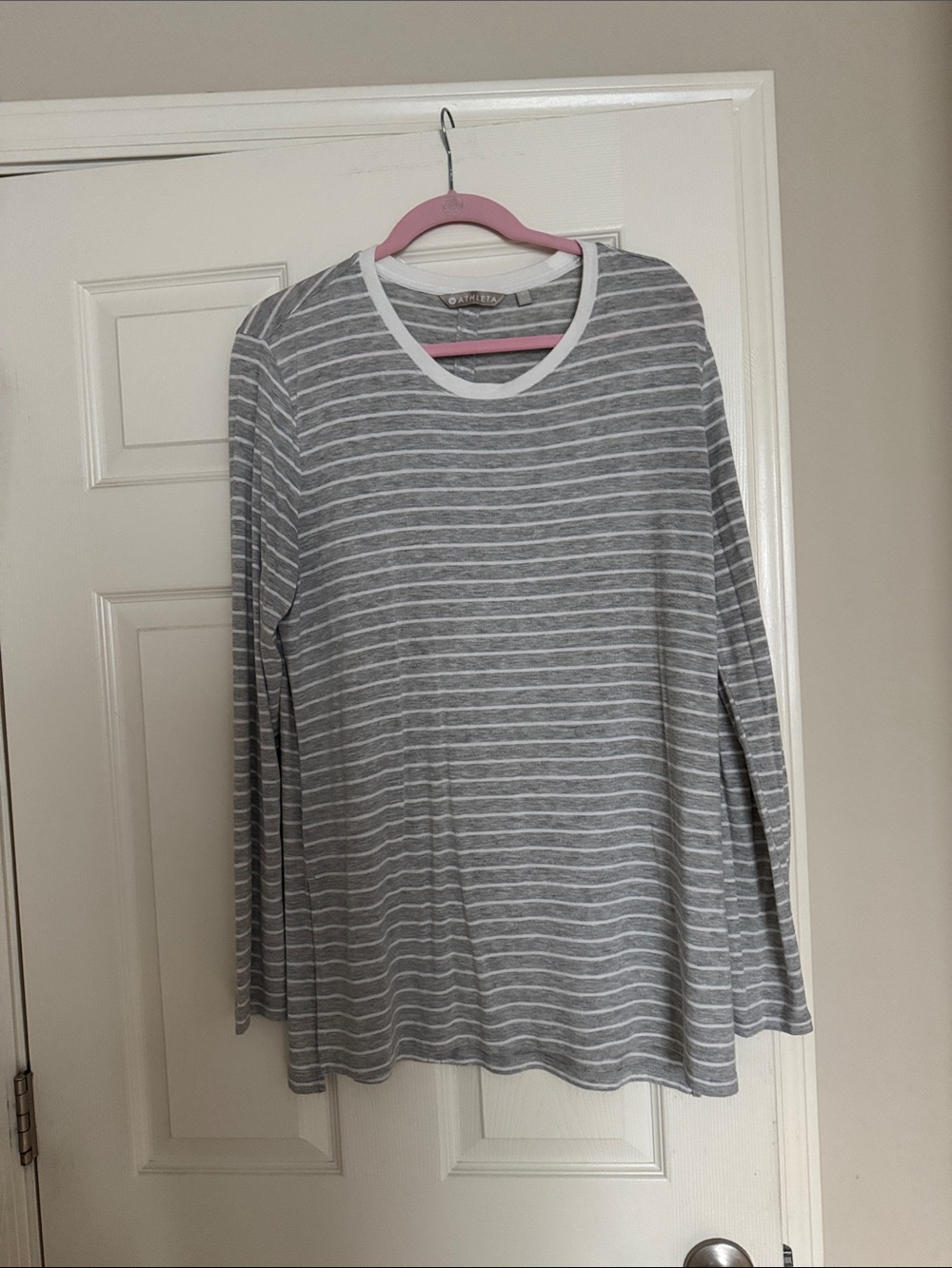 Athleta Gray and White Striped Long Sleeve Top
